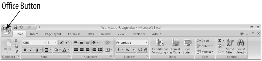 The Home tab of the new Excel 2007 user interface Ribbon.