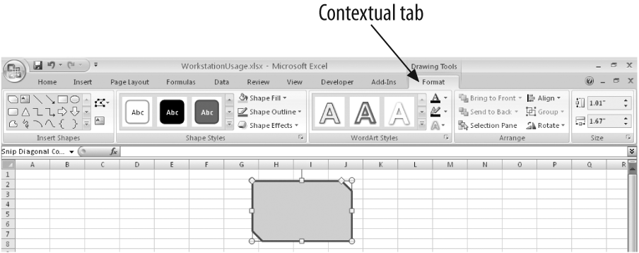 Excel 2007 displays contextual tabs when selected objects require controls that donât appear on the basic Ribbon.