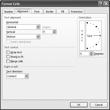 The Alignment tab of the Format Cells dialog box lets you control the orientation of text in your cells.