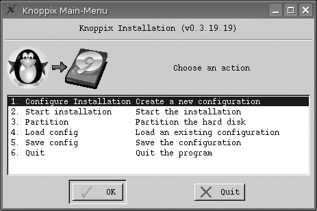 Knoppix installer main menu
