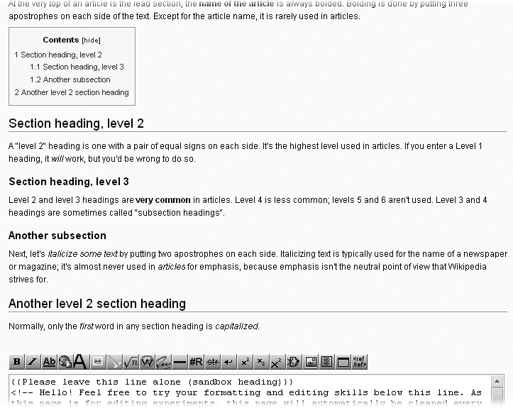 The middle and part of the bottom half of the preview screen, showing how the edit from looks after saving the page. Wikipedia tables of contentssection headings andautomatically adds a table of contents for articles that have four or more section headings. At bottom is the now-familiar edit box, so you can make corrections or improvements to your article.