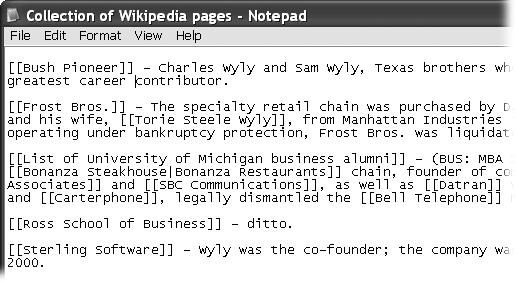 Five articles that mentioned Sam Wyly were found during the process of creating a new article about him. Information from those articles was copied (in this illustration, to the Windows Notepad) because itâll be used in the article. Part of building the web is creating outgoing links from a new article, pointing to existing Wikipedia articles.