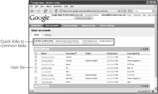 The User Accounts page’ Users tab lists the people in your Google Apps domain, their status, the last time they signed in, and how much email they’re using. You can sort by any column; just click a column’s name to reorder the list.