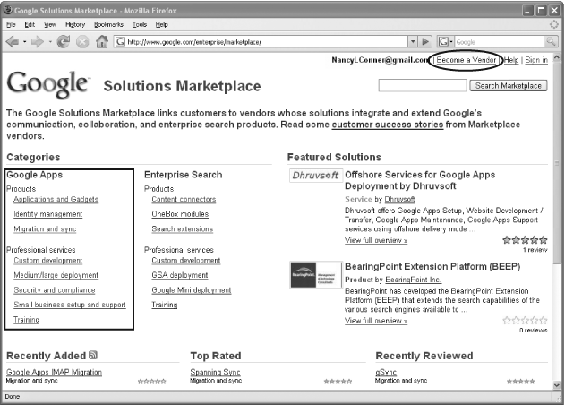 The Marketplace features Google Apps products and services on the left-hand side of the page. Browse the categories there, or use the upper-right Search box to find solutions for a particular app, like Gmail or Docs. If you’ve created a Google Apps–related product and you’d like to become part of the Marketplace, then click the upper-right Become a Vendor link (circled).