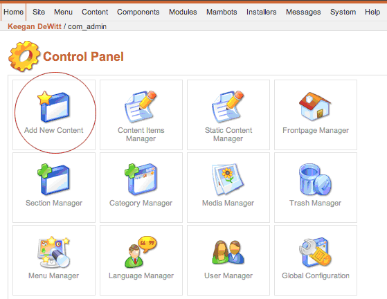 The Control Panel in Joomla