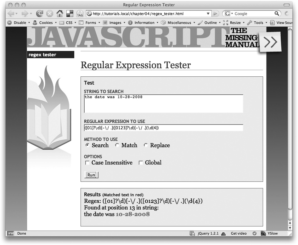 This sample page, included with the tutorial files, lets you test out regular expressions using different methods—like Search or Match—and try different options such as case-insensitive or global searches.