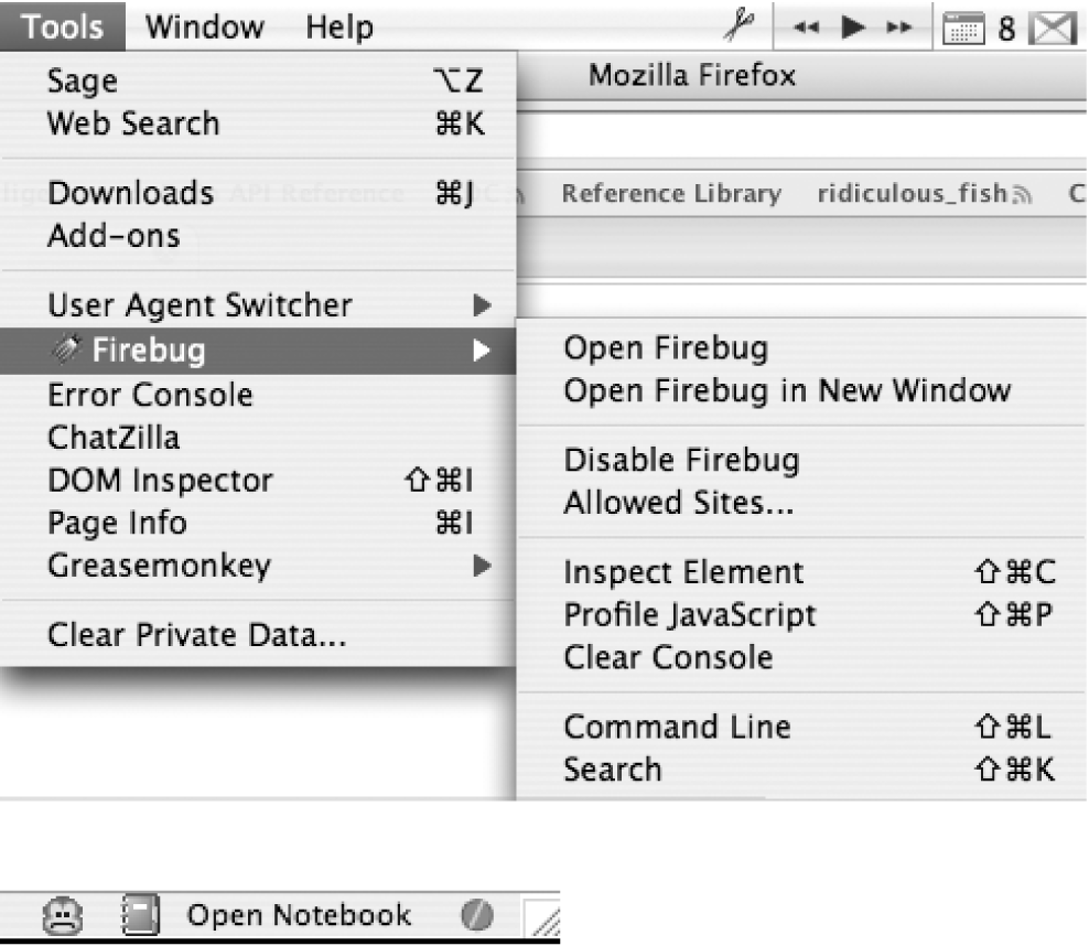 Left: once Firebug is installed, an item appears in the Tools menu and presents you with a few standard options; right: in addition to the Tools menu item, an icon appears in the bottom-right corner of the browser window