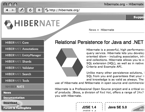 Download link on the Hibernate home page