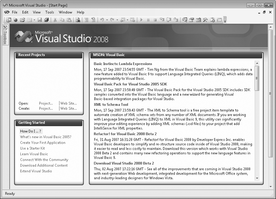 The Visual Studio Start Page