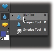 Like any good toolbox, the Elements Toolbox has lots of hidden drawers tucked away in it. Many Elements tools are actually groups of tools, which are represented by tiny black triangles on the lower-right side of the tool icon (you can’t really see the triangle in the illustration because the pop-out menu obscures it). Holding the mouse button down as you click the icon brings out the hidden subtools. The little white square next to the Blur tool means it’s the active tool right now. (It looks black here because it’s highlighted.)