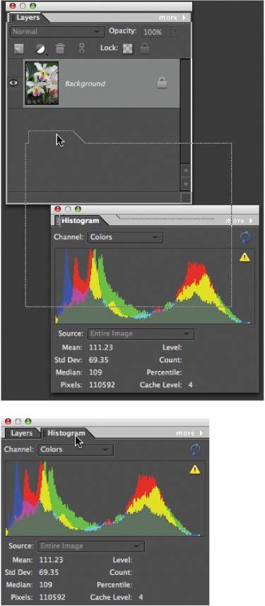 You can combine two or more palettes once you’ve dragged them out of the bin.Top: The Histogram palette is being pulled into, and combined with, the Layers palette. To combine palettes, drag one of them (by clicking on the palette’s name bar) and drop it onto the other palette (notice the white line that appears around the Layers palette, signaling it’s “ready” to accept the Histogram palette).Bottom: To switch from one palette to another after they’re grouped, just click the tab of the one you want to use. To remove a palette from a group, simply drag it off the palette window. If you want to return everything to how it looked when you first launched Elements, go to Window → Reset Palette Locations.
