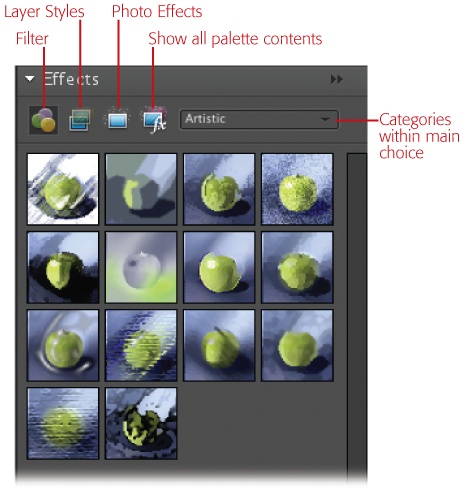 Use these buttons to choose what you see in the Effects palette: Filters, Layer Styles, Photo Effects, or all three.