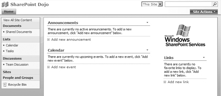 A SharePoint site using a WSS site template