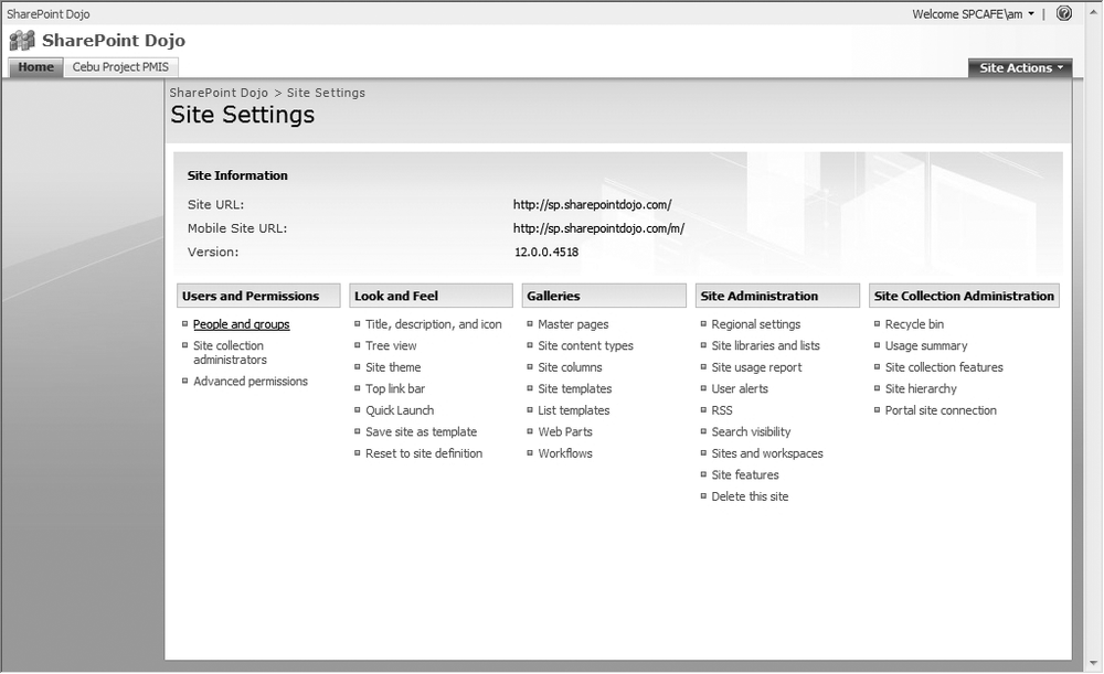 Site Settings page
