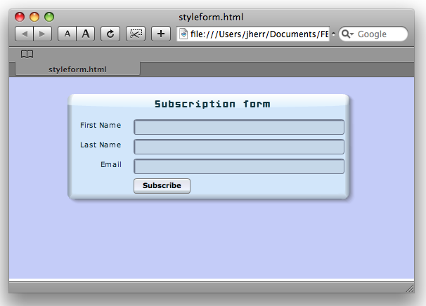 The skinned subscription form