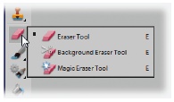Like any good toolbox, the Elements Toolbox has lots of hidden drawers tucked away in it. Many Elements tools are actually groups of tools, which are represented by tiny black triangles on the lower-right side of the tool icon. (You can’t really see the triangle in the illustration because the pop-out menu obscures it, but if you look at the tools above the Eraser—the Clone Stamp and the Healing Brush—their triangles are visible.) Holding the mouse button down as you click the icon brings out the hidden subtools. The little black square next to the regular Eraser tool means it’s the active tool right now.