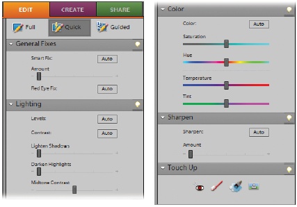 A closeup look at all the ways you can enhance your photos with Quick Fix. The left figure shows the top section of the Control Panel; the right, the bottom half. Besides these handy tools, you can also use most of the Full Edit menu commands if you need something more than the Control Panel provides.
