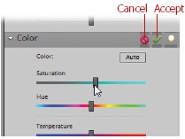 When you move a slider in any of the Quick Fix palettes, the Cancel and Accept buttons appear in the palette you’re using. Clicking the cancel symbol undoes the last change you made, while clicking the accept symbol applies the change to your image. If you make multiple slider adjustments, the cancel symbol undoes everything you’ve done since you clicked Accept. (The little light bulb takes you to the Elements Help Center.)