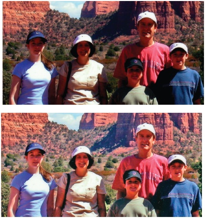 Top: This photo shows a classic vacation picture problem: The day is bright, the scenery’s beautiful, but everyone’s faces are hidden in the dark shadows cast by their hats.Bottom: The Shadows and Highlights tools brought back everyone’s faces, but now they look a tad orange. Use the color sliders to make them look healthy again.