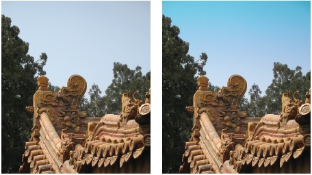 Blue Skies can help punch up the sky color in your photos—sometimes.Left: Smog makes the sky in this photo look very dull.Right: One quick drag across the sky with the “Make Dull Skies Blue” tool produced a much more vivid sky, maybe too vivid (and maybe a tad green). Elements used a gradient (see ) to give a more realistic shading to the new sky color.