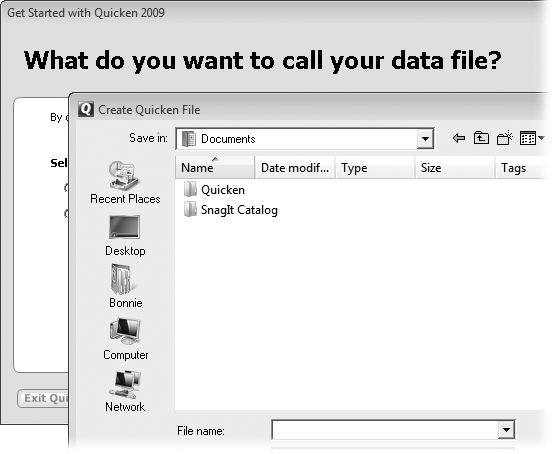 The choices on the left side of the Create Quicken File dialog box should look familiar if you’ve saved files in other programs. To store your file within your Windows Vista file folder, click the icon with your username (or click My Documents in Windows XP). Click Computer to access any other hard drives you may have attached to your computer. If you’re lucky enough to have a home network, click Network to access a Quicken data file in any shared folder on your network. (In Windows XP, the icons are named My Computer and My Network Places, respectively.)
