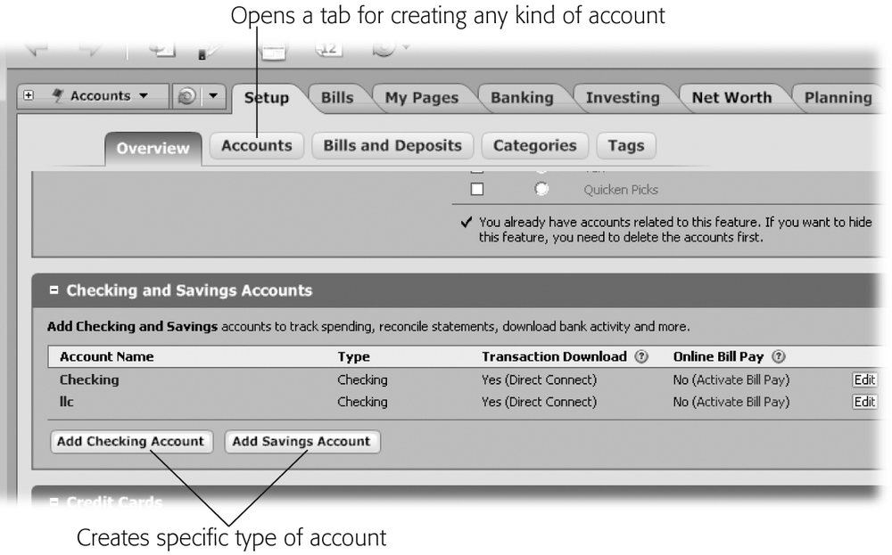 To create any type of account without scrolling through the Overview screen, click the Accounts button (next to Overview). Initially, the Accounts screen displays only headings. To add a new account, click Add Account at the bottom right of the screen.