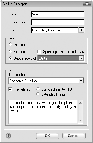 If you’re setting up a subcategory of an existing category, in the “Subcategory of” drop-down menu, choose the category you want as the parent. When you do so, Quicken sets the Group field and the “Spending is not discretionary” checkbox to match that of the parent.