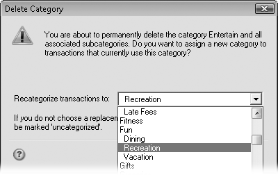 In the “Recategorize transactions to” drop-down menu, choose the existing category you want to reassign transactions to and then click OK. For every transaction that referred to the old category, Quicken switches the category to the new one you selected.