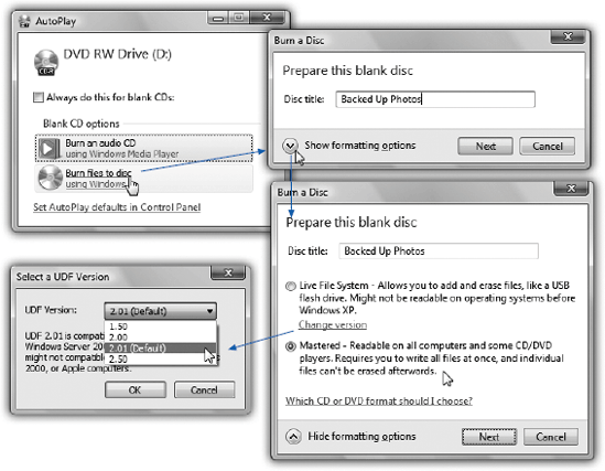 Top: First, you’re asked what you want to do with the blank. Click “Burn files to disc.”Top right: Name your disc. If you want to change the burn format, click “Show formatting options.”Lower right: Your Big Two options: the new, super-convenient Live File System format (UDF), and the older, highly compatible Mastered format (ISO). If you click Change Version (lower left), you can even specify a version of UDF.