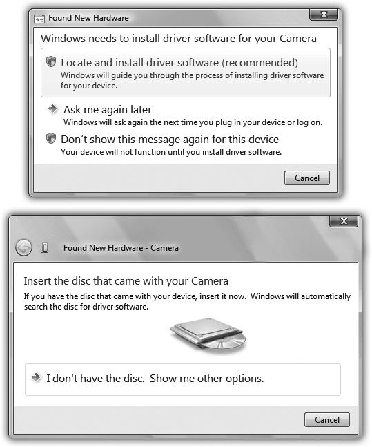 Top: If you have the drivers on a CD from the manufacturer, select the first option, “Locate and install driver software.”Bottom: Now Windows asks for the driver CD. Windows either finds the compatible driver and installs it automatically, or offers you a choice of several. If you do not, in fact, have the CD, click “I don’t have the disc.” You’ll be offered two final, fatalistic options: “Check for a solution” (Windows dials the mother ship on the off chance that a driver has miraculously cropped up since its last update), or “Browse my computer,” designed for people who have downloaded a driver from the Web on their own.
