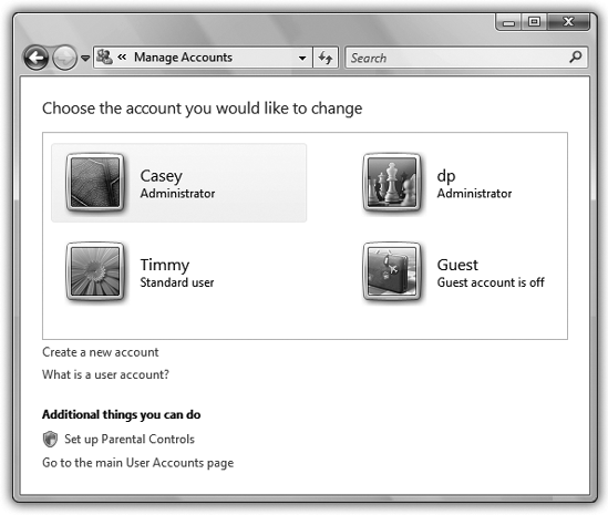 This screen lists everyone for whom you’ve created an account. From here, you can create new accounts or change people’s passwords. (Hint: To change account settings, just click the person’s name on the bottom half of the screen. Clicking the “Change an account” link at the top requires an extra click.)