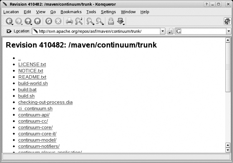A WebDAV connection to the Apache Maven Continuum repository viewed from a Linux client