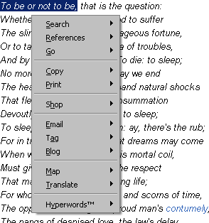 Navigation options with the Hyperwords menu