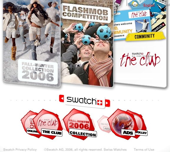The home page for Swatch.com, featuring rotating navigation