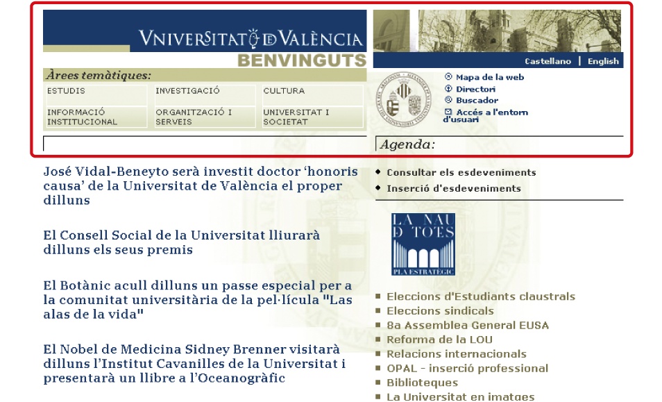 The global navigation area on the University of Valencia home page