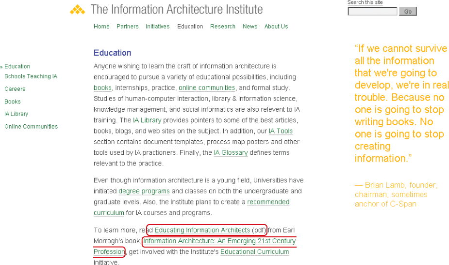 Embedded contextual navigation on the IA Institute web site