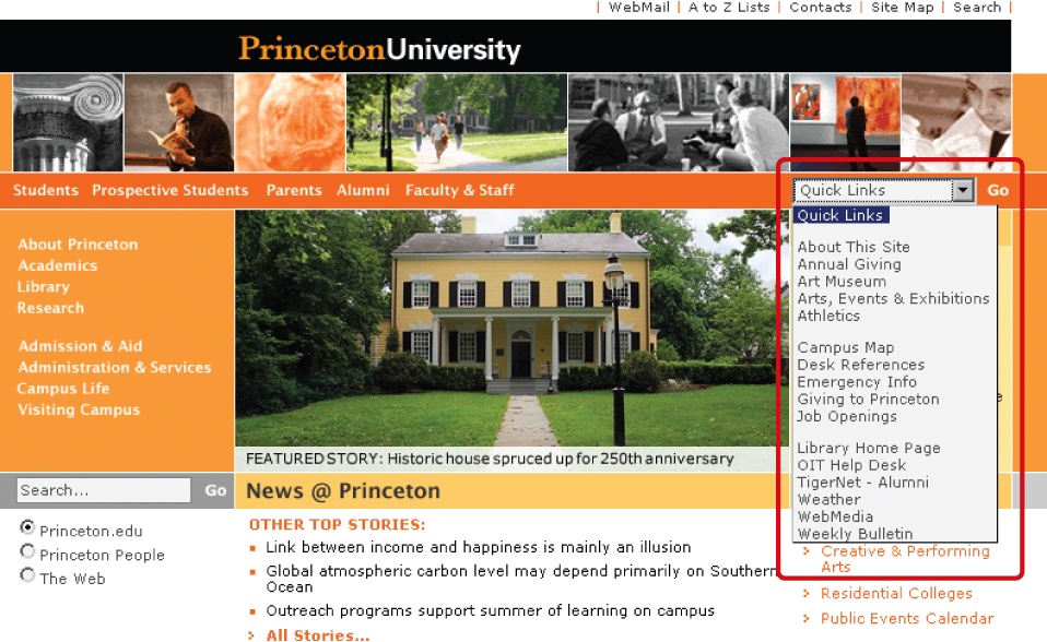 Quick links in a drop-down menu on the Princeton University home page
