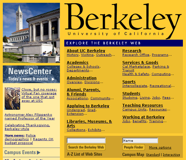 Navigation on the home page for the University of California, Berkeley