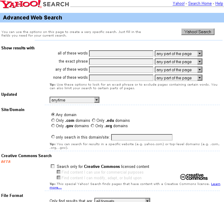 The top portion of the advanced search form for Yahoo.com
