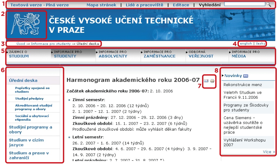 A page from the web site for the Czech Technical University