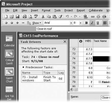 The Task Drivers pane is a newfeature in Project 2007 that shows the factors that control the start date of the selected task. Click its Close button to close it.