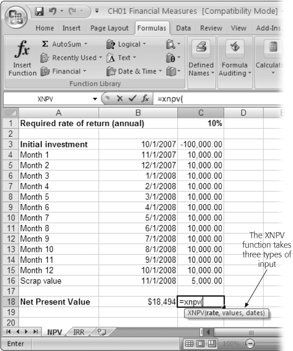 The XNPV function interprets negative numbers as money spent—like $100,000 for a new packaging machine. Positive numbers represent money coming in (as a result of the improved equipment). If you spend and earn money on the same date, simply enter the net amount (the income minus the expense). Because NPV in this example is greater than zero, the machine provides a return greater than the required annual 10 percent return.