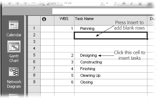 You can insert blank task rows by clicking anywhere in the row below the summary task and pressing Insert. But if you click the Task Name cell, when you press Insert the blank task’s Task Name cell becomes the active cell—ready for you to type the name of the first subtask.