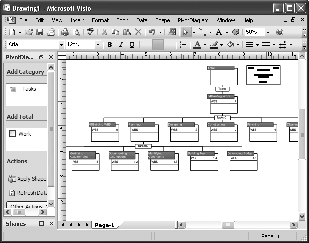 In Project 2007, visual reports can make project information easier to digest by displaying the data in Excel or Visio. This visual report using Visio takes the tasks in a Project file and displays them as a WBS tree structure. As you’ll learn in , you can use other types of visual reports to decompose project information, for instance, or to analyze cost and schedule overruns to identify problems areas.
