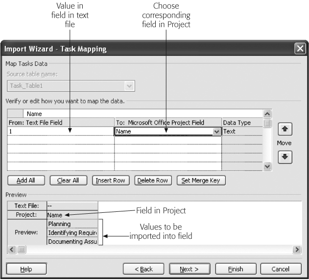 As you map the fields, the Preview area shows how the values in your text file map to Project fields. In this example, the Name field will hold the values Planning, Identifying Requirements, Documenting Assumptions, and so on. If the mapping isn’t correct, then modify the fields in the To: Microsoft Office Project Field cells until you’re satisfied