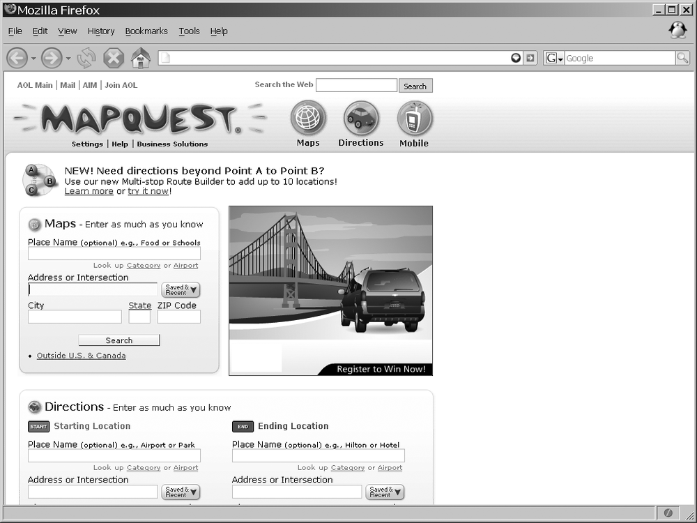 MapQuest’s home page, after Ajaxification