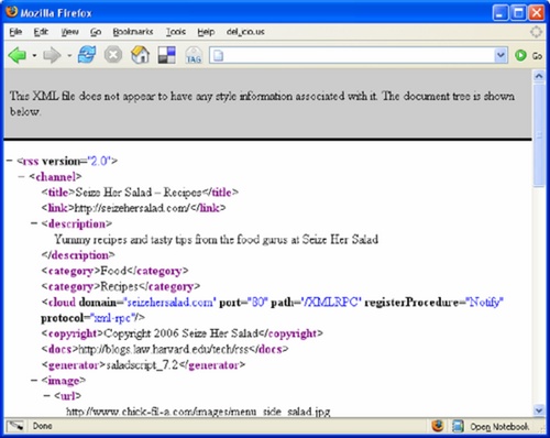 A raw RSS feed in a web browser