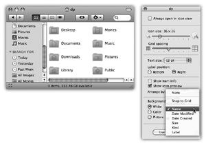 Use either the View menu (left) or the View Options dialog box (right) to turn on permanent cleanliness mode. From now on, you’re not allowed to drag these icons freely. You’ve told the Mac to keep them on the invisible grid, sorted the way you requested, so don’t get frustrated when you try to drag an icon into a new position and then discover that it won’t budge.