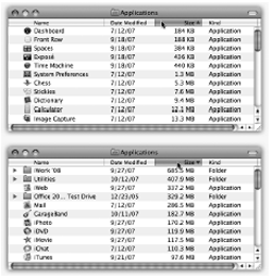 You control the sorting order of a list view by clicking the column headings (top). Click a second time to reverse the sorting order (bottom).You’ll find the identical or triangle—indicating the identical information —in email programs, in iTunes, and anywhere else where reversing the sorting order of the list can be useful.