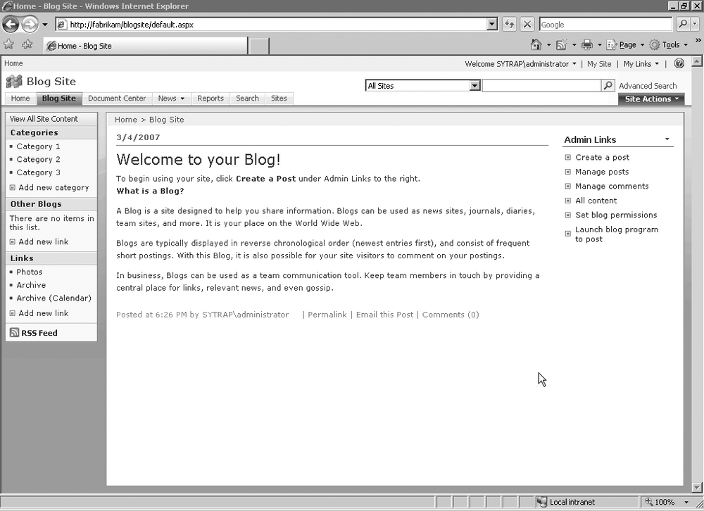 Blog site MOSS 2007